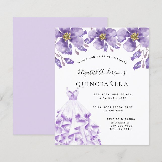 Budget Quinceanera violet white dress floral (Front/Back)