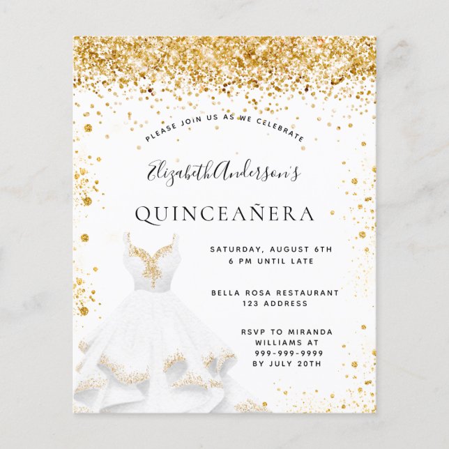 Budget Quinceanera white gold dress invitation (Front)