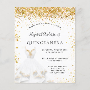 Budget Quinceanera white gold dress invitation