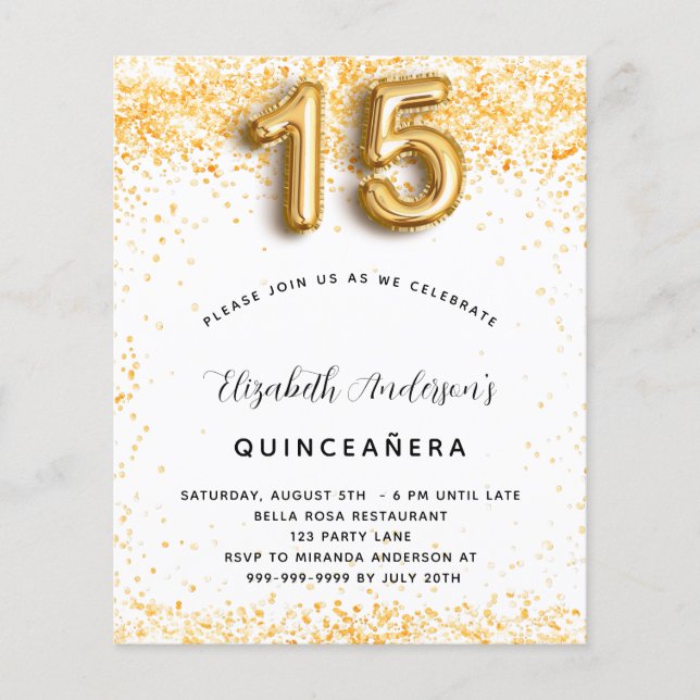 Budget Quinceanera white gold glitter invitation (Front)