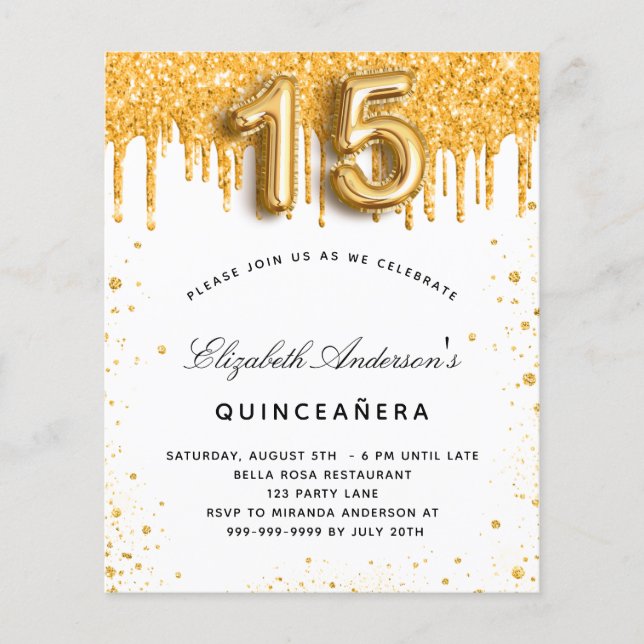 Budget Quinceanera white gold party invitation (Front)