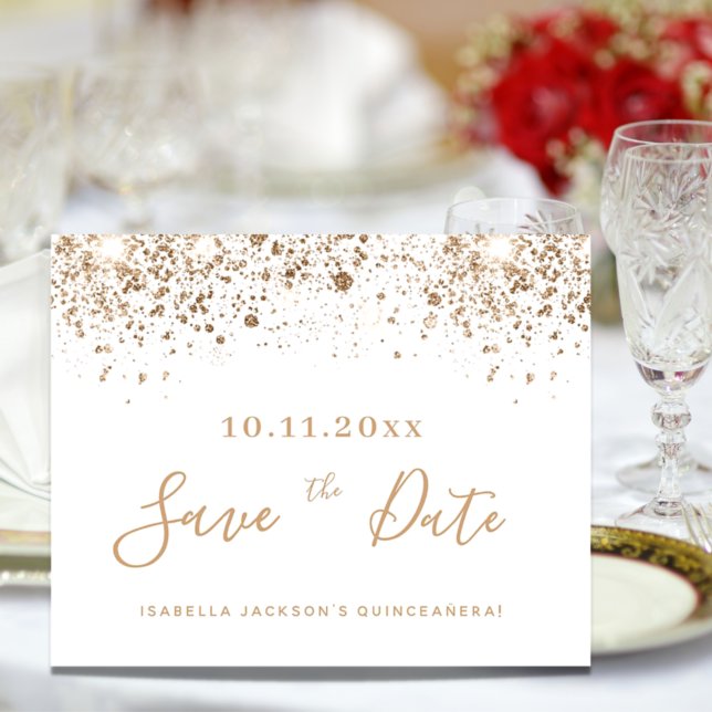 Budget Quinceanera white gold save the date (Creator Uploaded)