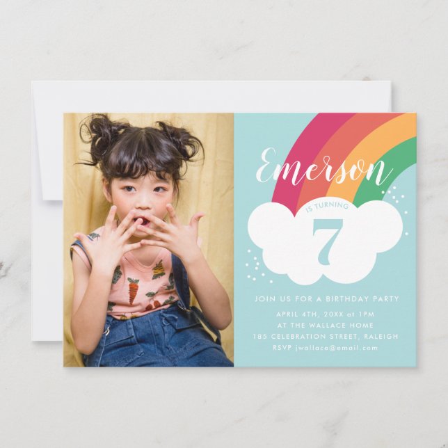 Budget Rainbow Cloud Photo Kids Birthday Party Invitation (Front)