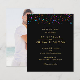 Budget Rainbow Confetti Black Photo Wedding Invite