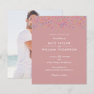 Budget Rainbow Confetti Dusty Rose Wedding Invite
