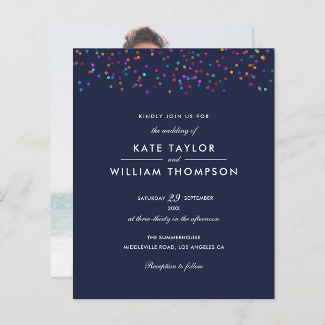 Budget Rainbow Confetti Navy Blue Wedding Invite (Front/Back)