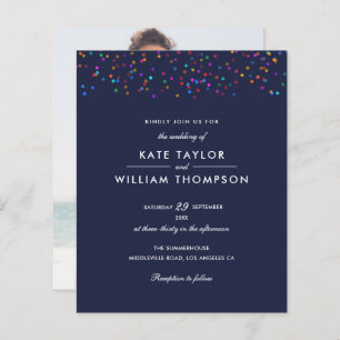 Budget Rainbow Confetti Navy Blue Wedding Invite