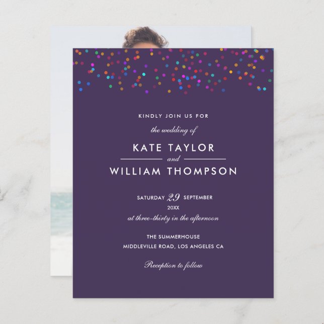 Budget Rainbow Confetti Purple Wedding Invitation (Front/Back)