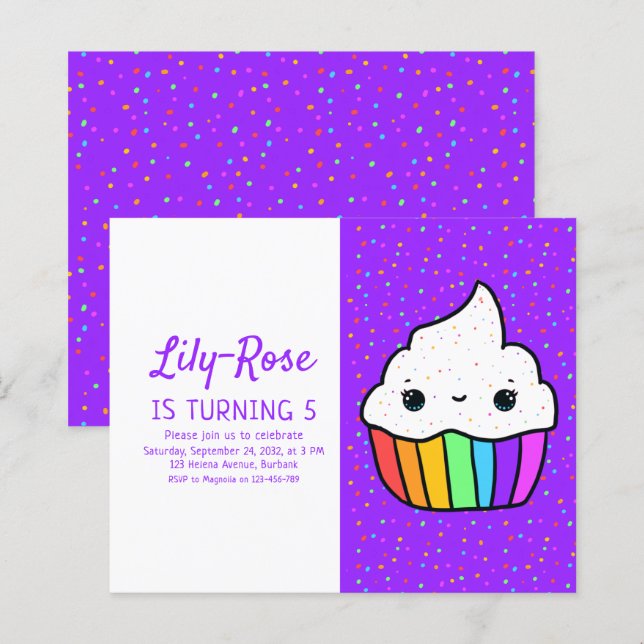 Budget Rainbow Cupcake Birthday Party Invitation (Front/Back)