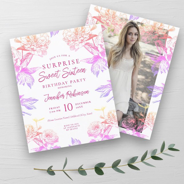 Budget Rainbow Floral SURPRISE Sweet 16 Invite (Budget Rainbow Floral SURPRISE Sweet 16 Invite)