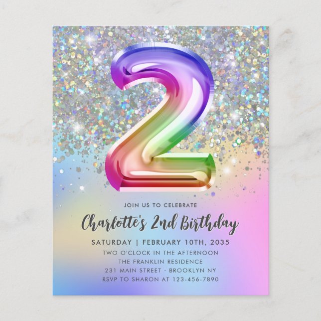 Budget Rainbow Glitter Foil Girl 2nd Birthday (Front)
