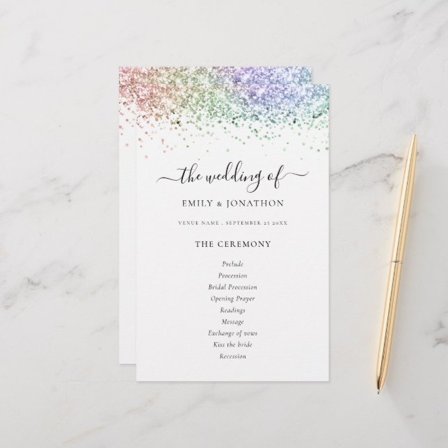 Budget Rainbow Glitter Script Wedding Program (Front/Back In Situ)