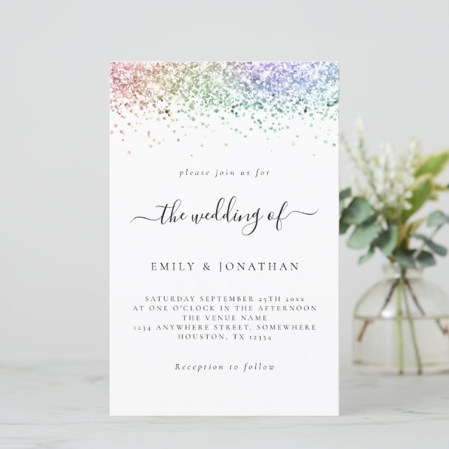 Budget Rainbow Glitter Wedding White Invite (Standing Front)
