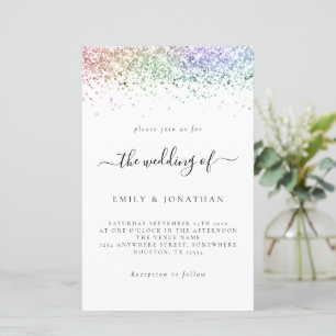 Budget Rainbow Glitter Wedding White Invite