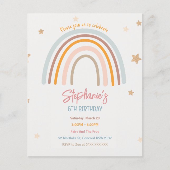 Budget Rainbow Stars Birthday Party Invitation Flyer (Front)