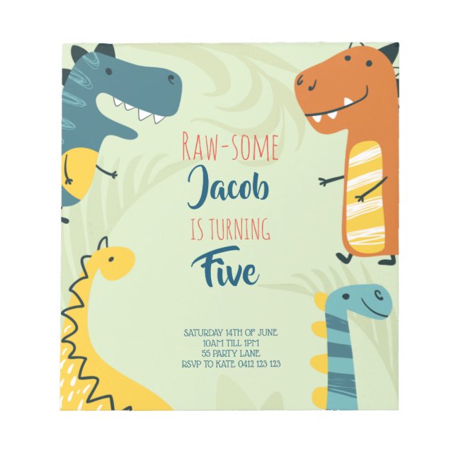 Budget, Raw-some Cute Dinosaur Birthday Invitation Notepad (Front)