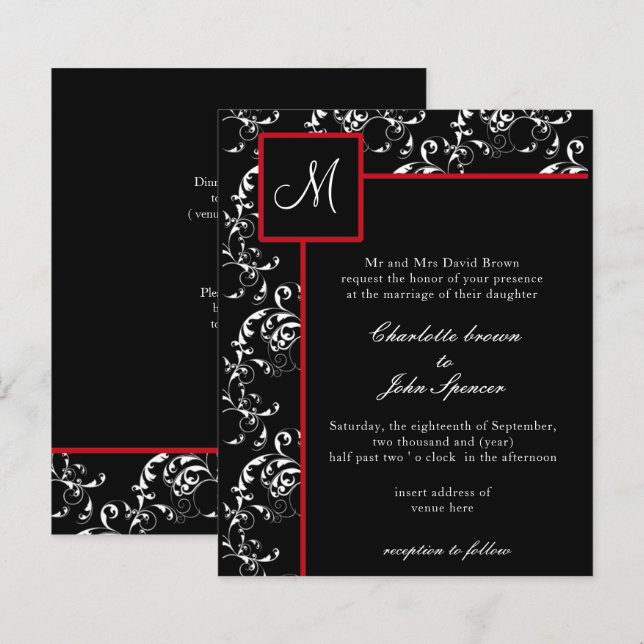 Budget Red Black Damask Wedding Invitations (Front/Back)