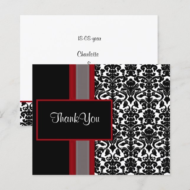 Budget Red Black Damask Wedding Thank You Cards (Front/Back)