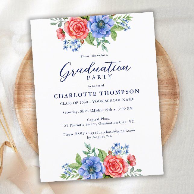 Budget Red Blue Floral Patriotic Graduation Invite (Creator Uploaded)