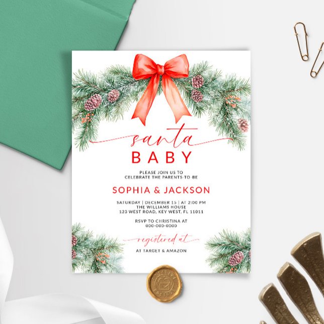 Budget Red Bow Christmas Santa Baby Shower Invite (Creator Uploaded)