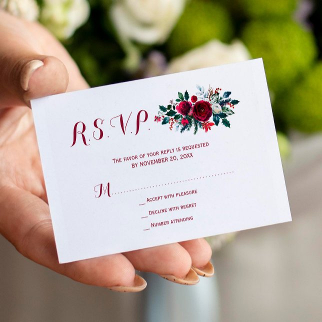 Budget red burgundy winter floral wedding RSVP Enclosure Card (Creator Uploaded)