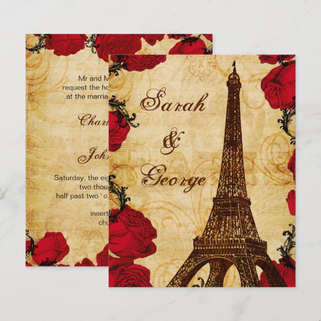 Budget Red Eiffer Tower Vintage Wedding Invitation (Front/Back)
