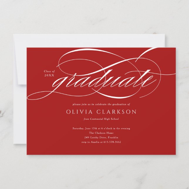 Budget Red Elegant Script Photo Graduation Party Invitation (Front)
