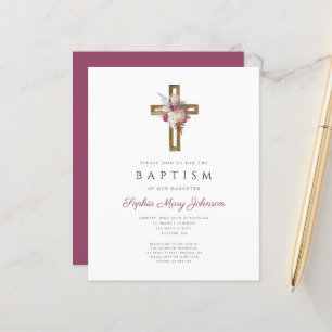 Budget Red Floral Boho Cross Baptism Invitation