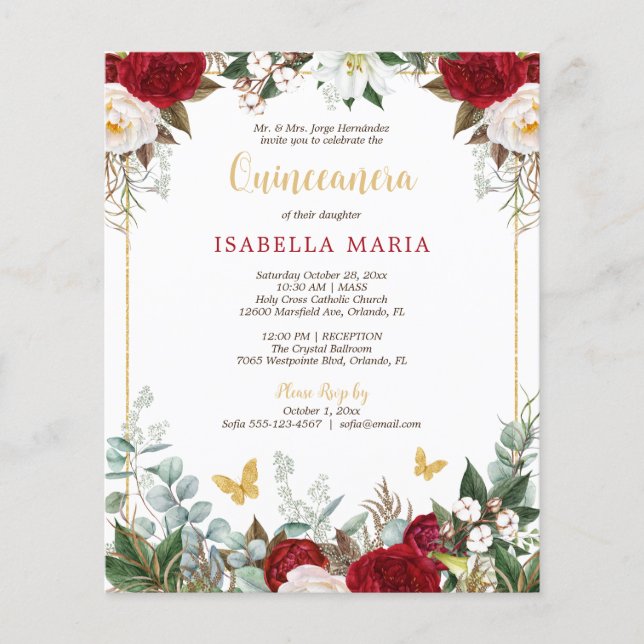 Budget Red Floral Butterfly Quinceañera Invitation (Front)