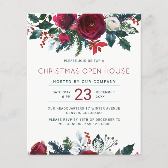 Budget red floral Christmas open house Invitation (Front)