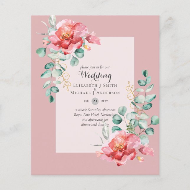 BUDGET Red Floral Eucalyptus Greenery Leaf WEDDING Flyer (Front)