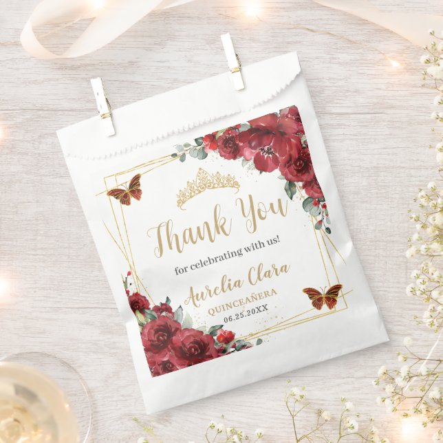 Budget Red Floral Gold Butterfiles Quinceanera XV Favour Bags (Clipped)