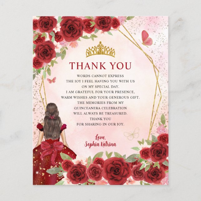 Budget Red Floral Princess Quinceañera Thank You (Front)
