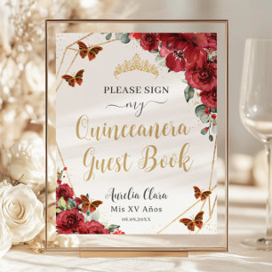Budget Red Floral Quinceanera Birthday Guest Book 