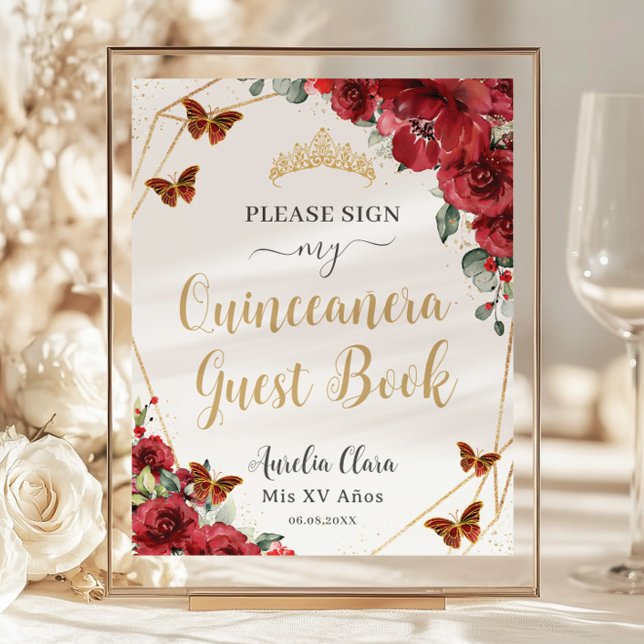 Budget Red Floral Quinceanera Birthday Guest Book  (red-floral-flowers-gold-butterflies-Quinceañera-15-xv-sweet-16-birthday-wedding-guest-book-sign)