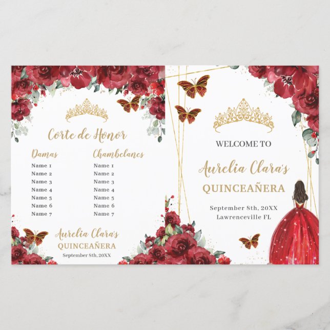 Budget Red Floral Quinceañera Orders Event Program (Front)