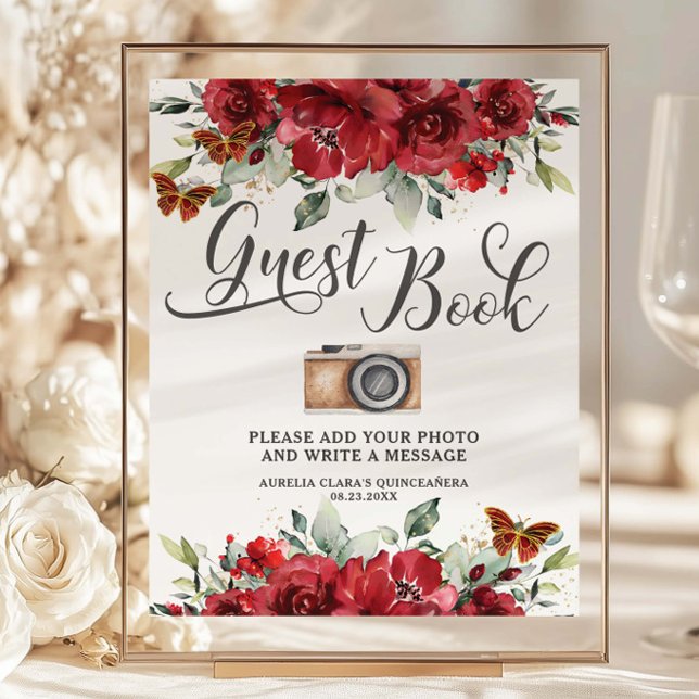 Budget Red Floral Quinceanera XV Guest Book Photo (Creator Uploaded)