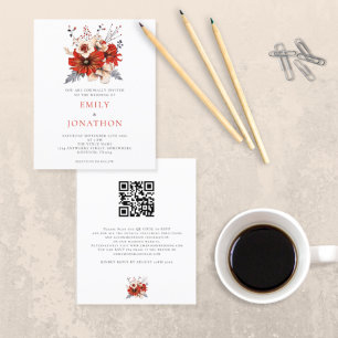 Budget Red Florals QR Code Wedding Invitation