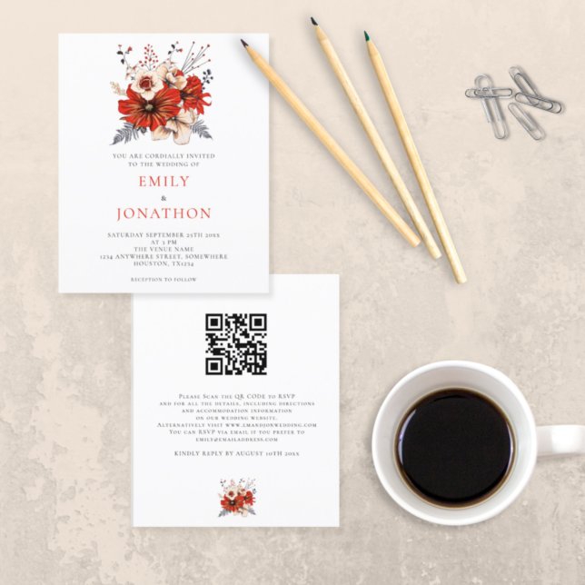 Budget Red Florals QR Code Wedding Invitation (Creator Uploaded)