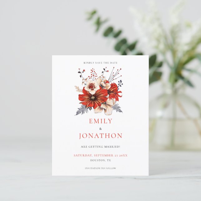 Budget Red Florals Wedding Save The Date (Standing Front)