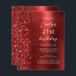 Budget Red Glam Glitter 21st Birthday Invite<br><div class="desc">The left-hand edge of this modern birthday party invitation features a red faux glitter border. The customisable text combines white script and sans serif fonts on a red faux brushed metal background. The reverse side features a matching design.</div>