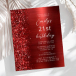 Budget Red Glam Glitter 21st Birthday Invite<br><div class="desc">The left-hand edge of this modern birthday party invitation features a red faux glitter border. The customisable text combines white script and sans serif fonts on a red faux brushed metal background. The reverse side features a matching design.</div>