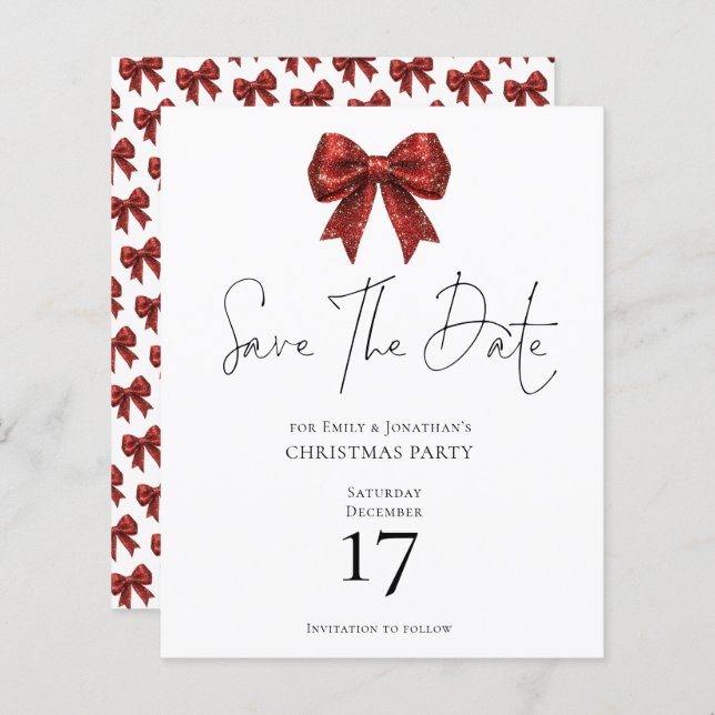 Budget Red Glitter Bow Christmas Save the Date (Front/Back)