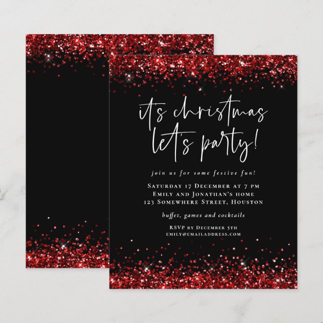Budget Red Glitter Christmas Fun Party Invite (Front/Back)