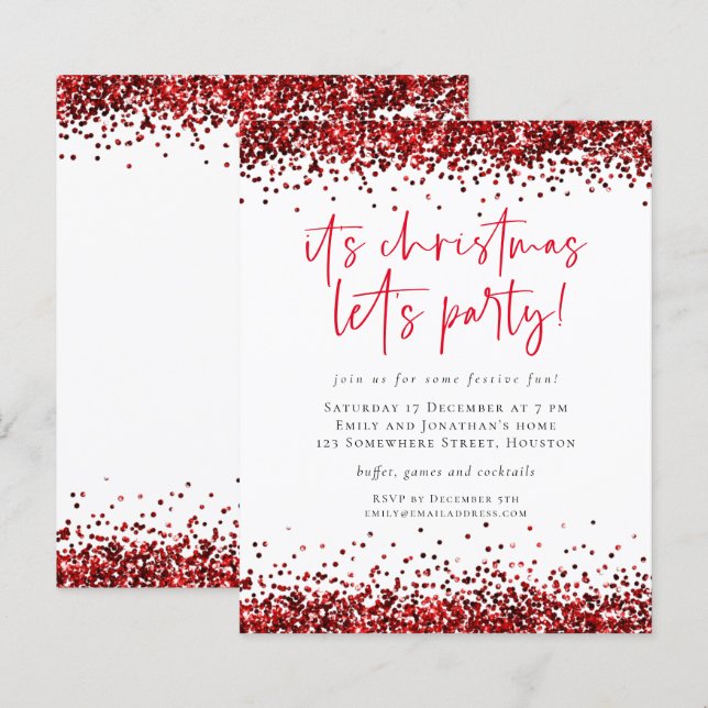 Budget Red Glitter Christmas Lets Party Invite (Front/Back)