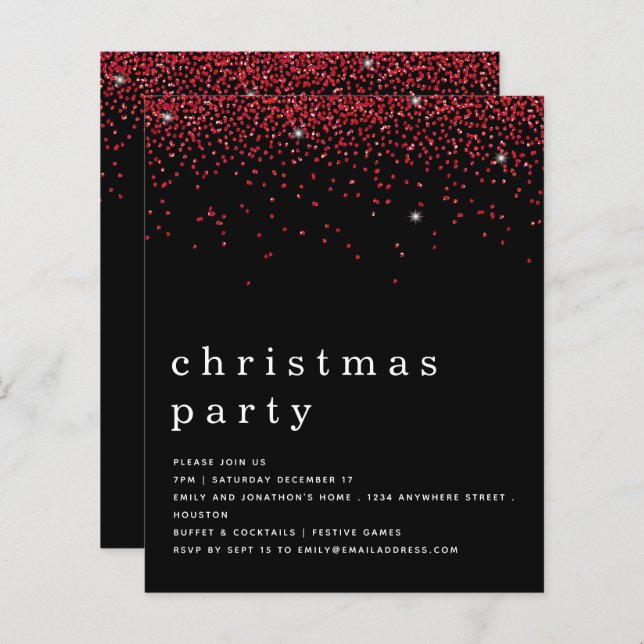 Budget Red Glitter Christmas Party Black Invite (Front/Back)