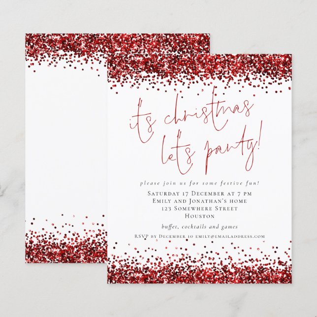 Budget Red Glitter Its Christmas Lets Party Invite (Front/Back)