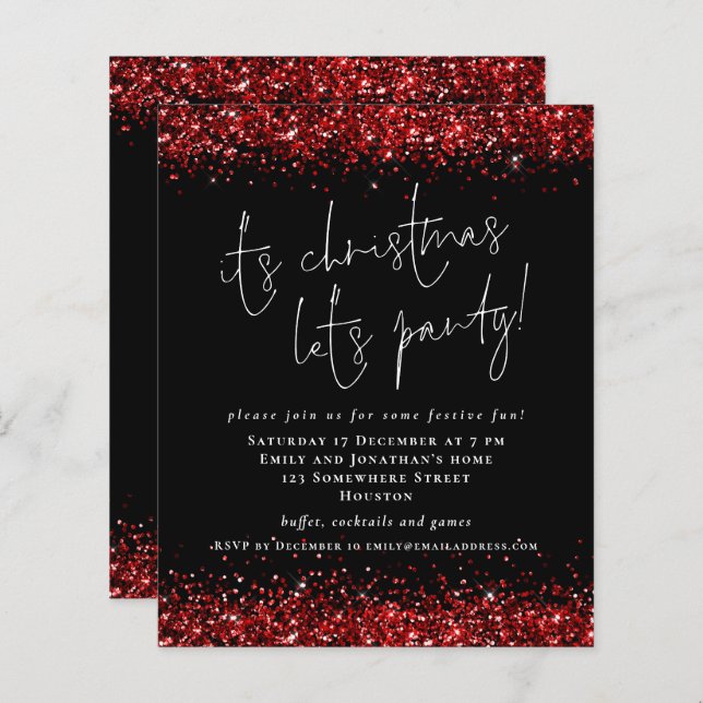 Budget Red Glitter Its Christmas Lets Party Invite (Front/Back)