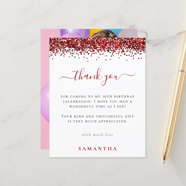 Budget Red Glitter Photo Sweet 16 Thank You (Front/Back In Situ)