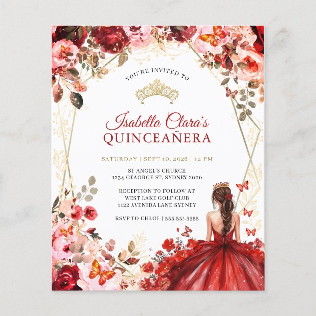 Budget Red Gold Floral Princess Quinceanera  (Front)